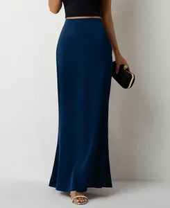 Elegant navy blue satin maxi skirt with high waist and silky finish for women