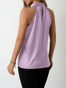 Back view detail of elegant lavender satin halter neck sleeveless top for women