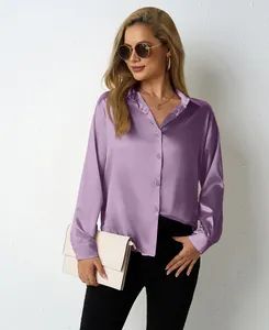 Elegant purple satin button-up shirt with V-neck for women in a lifestyle setting