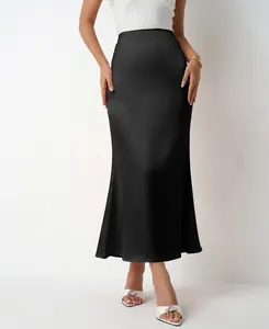Close-up view of elegant black satin midi mermaid skirt with a silky smooth finish