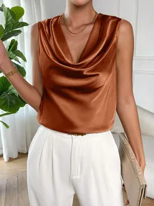 Close-up of copper satin sleeveless top featuring an elegant draped cowl neck design.