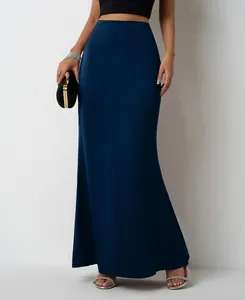 Elegant navy blue satin maxi skirt with a smooth sateen finish and floor-length drape.