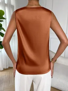 Back view of an elegant copper satin sleeveless top with smooth silk-like texture