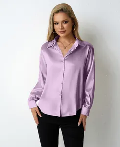 Detailed view of an elegant lavender satin long-sleeved button-down shirt for women