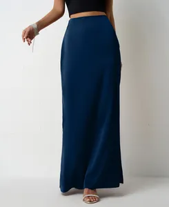 Elegant navy blue satin maxi skirt for women with a smooth silky texture and long fit