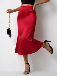 Jupe Midi Sirène en Satin Élégante pour Femmes Taille Haute Soyeuse Couleur Unie pour Banquet Fête Bureau Jupe Tendance