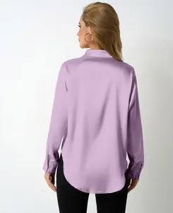 Back view of elegant lavender satin long sleeve shirt for women with curved hem