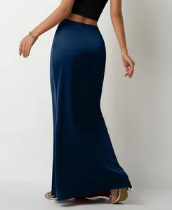 Elegant navy blue satin maxi skirt with high-waisted fit and smooth glossy finish