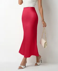 Elegant red satin midi skirt with slim fit fishtail design and glossy finish for women
