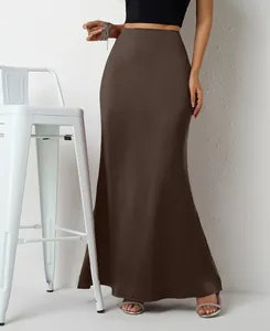 Elegant brown satin maxi skirt for women with a smooth and glossy finish texture