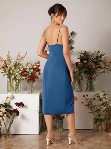 Elegant blue satin slip dress with backless design and stylish side slit detail