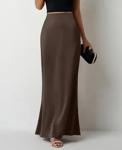 Detailed view of elegant high-waisted chocolate brown satin maxi skirt for women