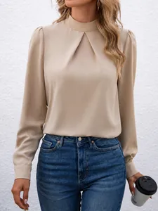 Damen Elegant Satin Langarm Mock Neck Bluse Einfarbig Locker Lässig Büro Arbeit Hemd Top Elegant Einfarbig Polyester Pullover Tops