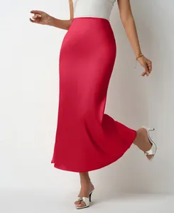 Elegant red satin mermaid midi skirt detail featuring a glossy finish and slim fit