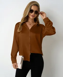 Elegant brown satin long sleeve blouse with V-neck and button closure for women