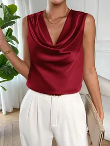 Elegant wine red satin sleeveless blouse featuring a sophisticated draped cowl neck design