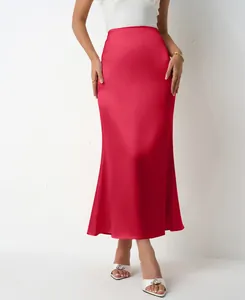 Elegant high-waisted red satin midi skirt with fishtail hem and slim fit design