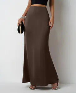 Elegant brown satin maxi skirt with a high-waisted A-line silhouette for women's fashion