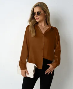 High-quality detail showing the texture of an elegant brown women's satin V-neck blouse