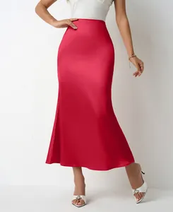 Detailed view of an elegant red satin midi mermaid skirt with slim fit hip-wrap design