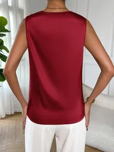 Back view of elegant wine red satin sleeveless blouse with smooth silk-like texture.