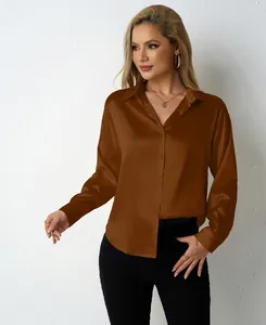 Detailed view of a brown satin long-sleeved shirt with a classic collar and buttons