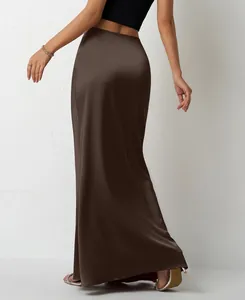 Rear view of elegant chocolate brown satin maxi skirt featuring smooth silk texture and flowy fit