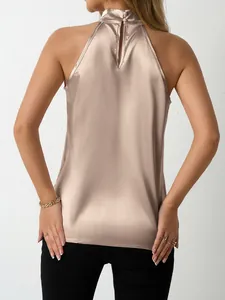 Elegant champagne satin halter neck sleeveless top for women with back button detail