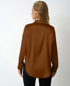 Back view of a premium brown satin long-sleeved shirt for women with smooth texture