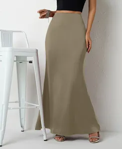 Detailed view of an elegant khaki satin maxi skirt featuring a smooth drape and a high waist design
