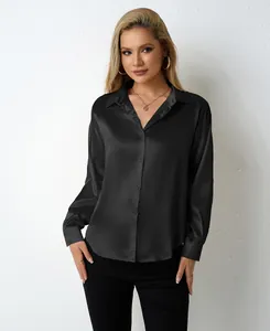 Elegant black satin button-down shirt for women with a professional silky luster finish