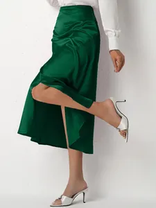 Elegant emerald green high waist slit satin midi skirt with a smooth silky finish
