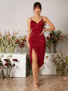 Elegant burgundy satin spaghetti strap dress with wrap front and high leg slit
