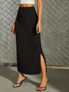 Women Elegant Satin Side Slit Midi Skirt High Waist Solid Color Polyester Spandex Silk-Like A-Line Skirt For Summer Daily Party