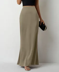 Detailed view of an elegant khaki high-waisted satin midi skirt showing smooth fabric texture