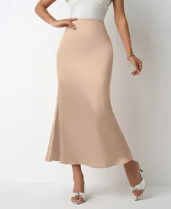 Elegant champagne satin fishtail midi skirt with high waist and slim fit