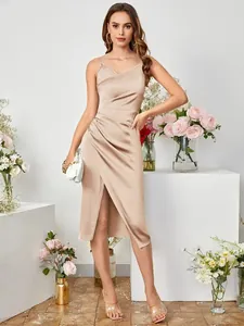 Elegantly styled champagne champagne satin camisole dress with side slit detail for women