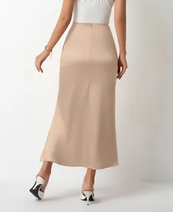 Back view of elegant champagne satin midi skirt showing sleek fit and smooth texture