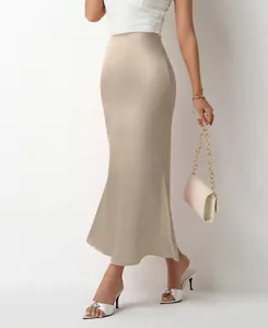 Elegant high-waisted champagne satin midi skirt featuring a bodycon mermaid silhouette