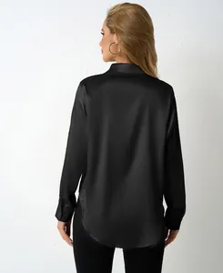 Elegant black satin long sleeve shirt for women with a detailed back view layout