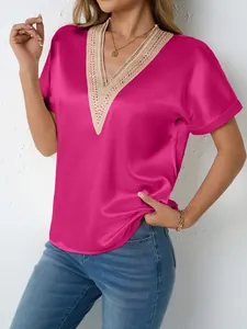 Elegant magenta satin short sleeve V-neck blouse with gold lace trim for women