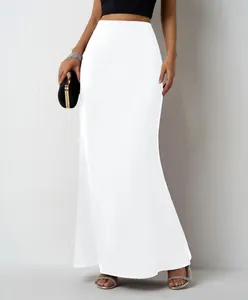 Elegant white satin maxi skirt with a smooth finish for women shown in a full-length view