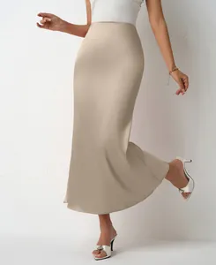Elegant champagne satin midi skirt featuring a slim-fit mermaid hemline and silky texture