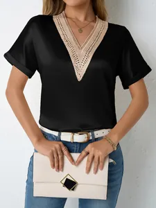 Elegant black V-neck satin T-shirt with intricate lace detailing and loose fit for women