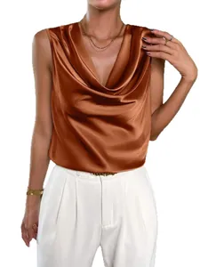 Elegant bronze satin sleeveless shirt featuring a draped cowl neck for a chic look