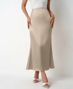 Elegant champagne satin midi skirt with a mermaid silhouette and slim fit design.