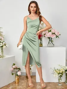 Elegant sage green satin slip dress with side slit and ruched v-neck detail