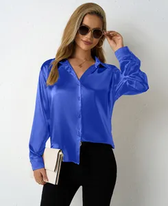 Elegant royal blue satin blouse for women featuring a minimalist V-neck and loose fit design.