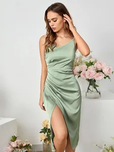 Elegant sage green satin slip dress featuring a high side slit and ruched detailing.