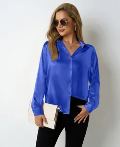 Elegant blue satin long sleeve V-neck blouse for women in a professional look